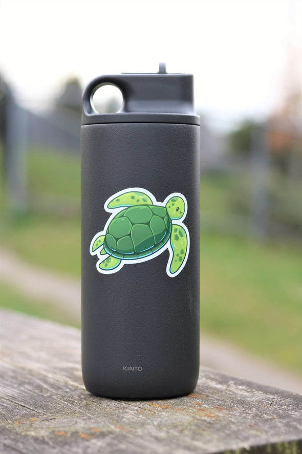 green sea turtle sticker on water bottle