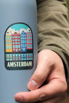 close up shot of Amsterdam Netherlands vinyl sticker on water bottle