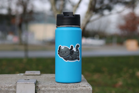 Black Axolotl Sticker on water bottle