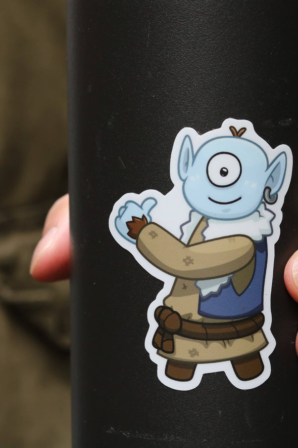close up of Cyclops Sticker on black water bottle