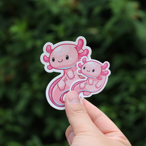 regular sized and mini pink axolotl sticker
