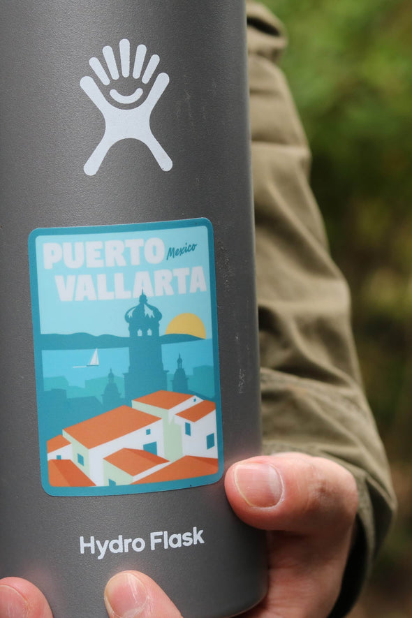 close up of Puerto Vallarta Sticker on water bottle