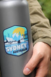 close up of Sydney Australia Sticker on gray water bottle